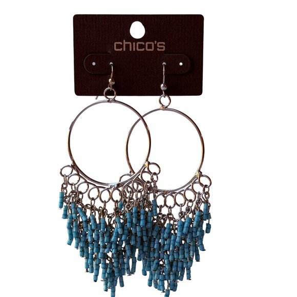 Vintage Chico;s Y2K Silver Hoop Earrings with Turquoise Seed Bead Fringe - Picture 8 of 8